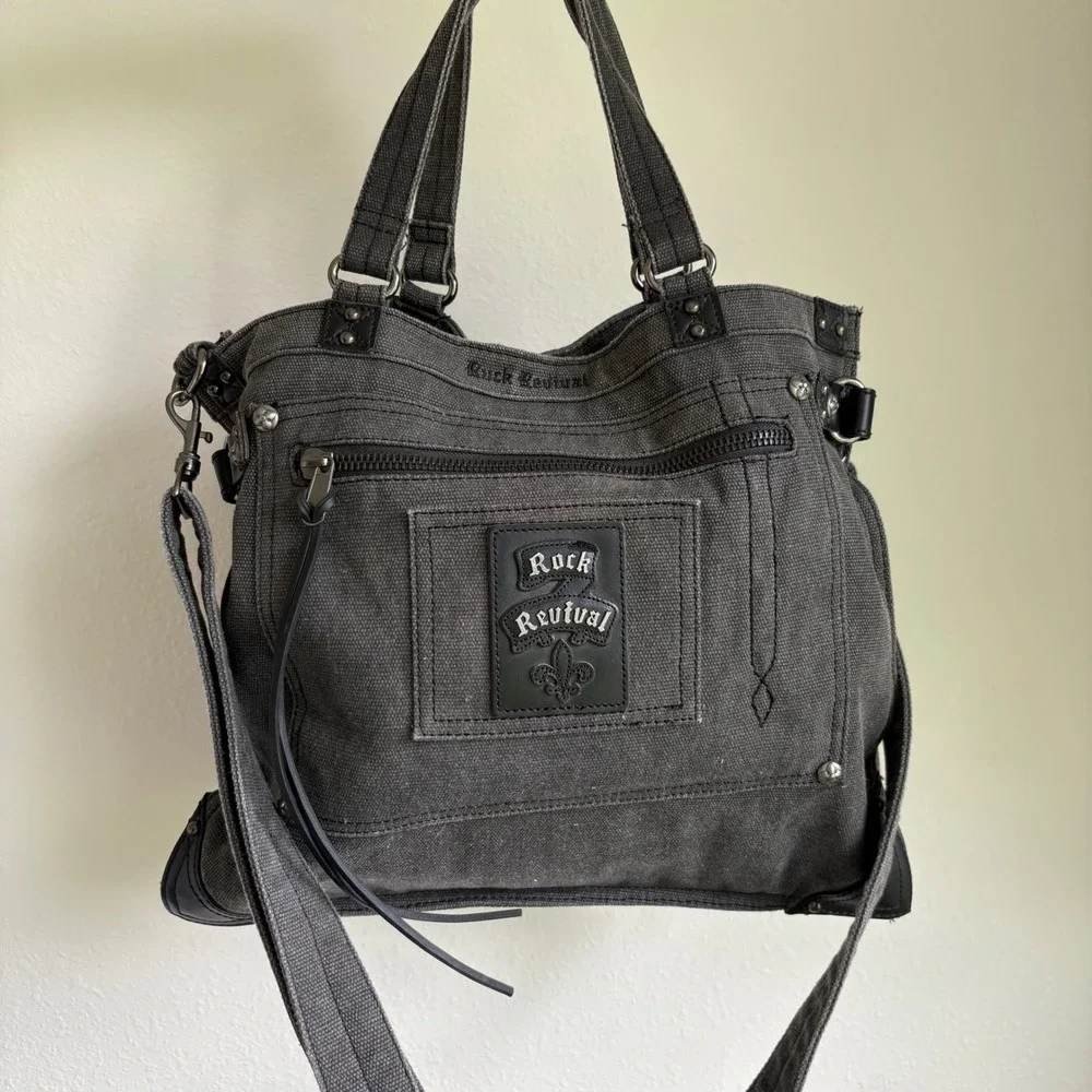 Rock Revival Grey Denim Canvas Messenger Tote Bag Crossbody Y2K Grunge